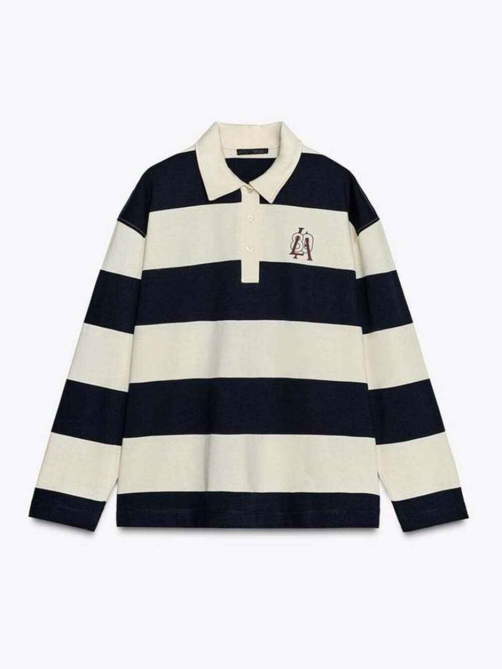 Zara Oversized Block Striped Rugby Polo Shirt Cream Navy LA Logo